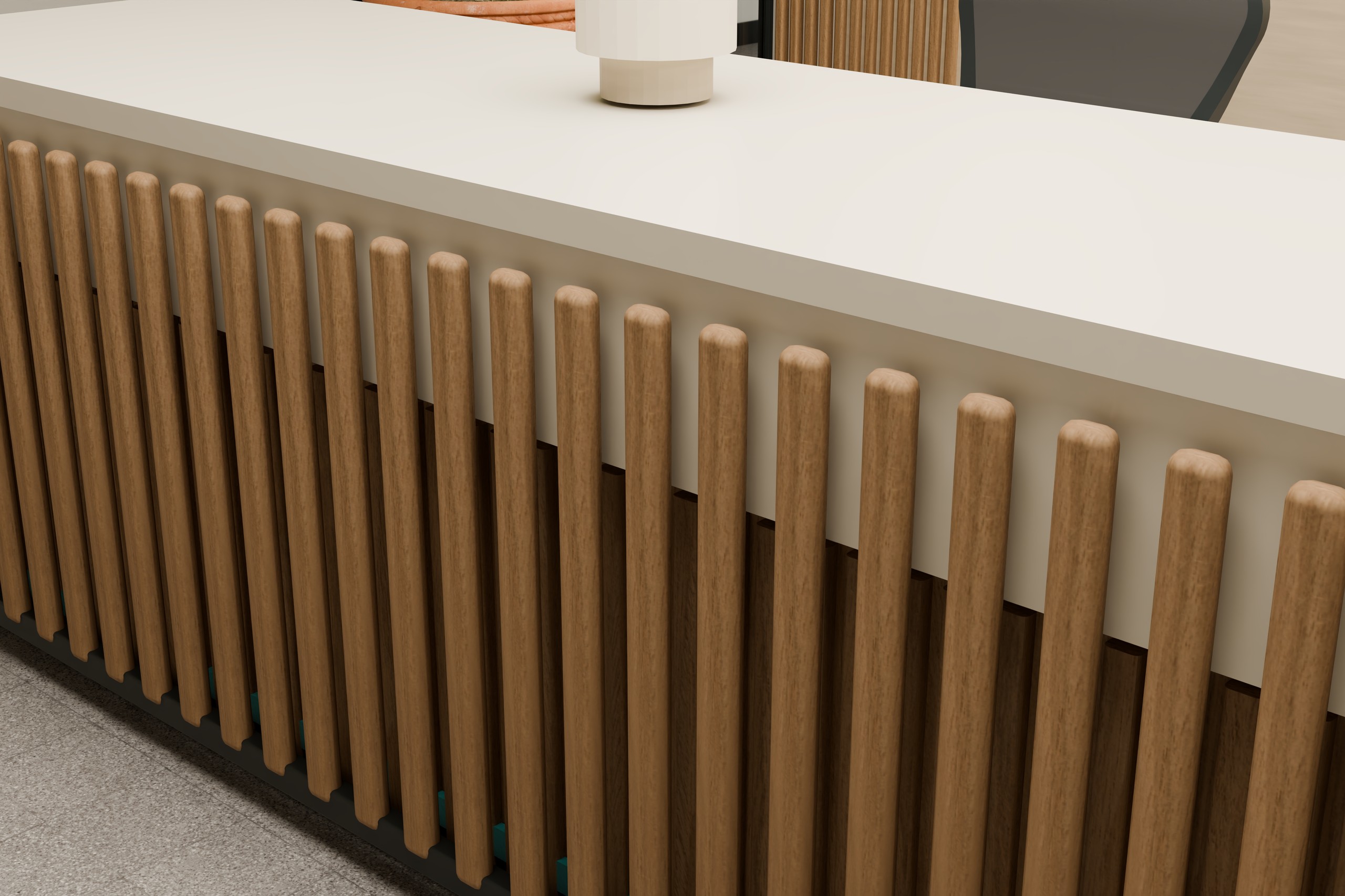 Reception joinery and brand detailing in the PLANORA conceptual office.